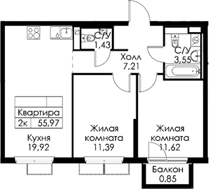2-комнатная квартира 55.97 м², 11/15 эт., ЖК «Янинский лес»
